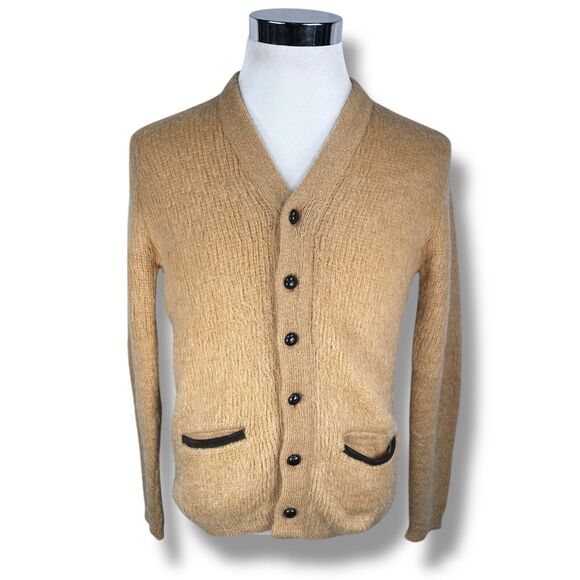 Vintage Revere Cardigan Kurt Cobain Mohair Sweater Mens Medium Tan 60s Elbow Pad - Picture 1 of 12